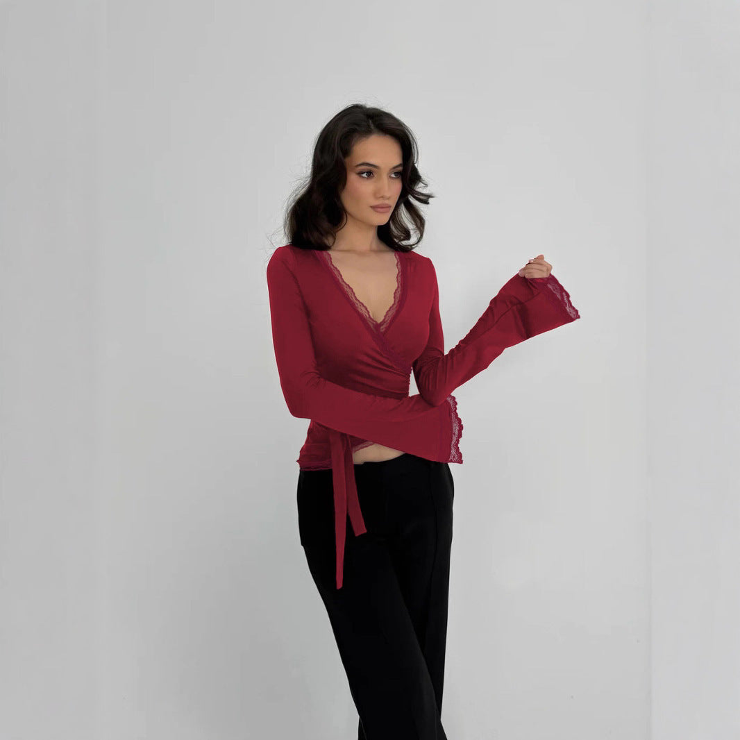 Women's V-Neck Lace Strap Slim Fit T-Shirt