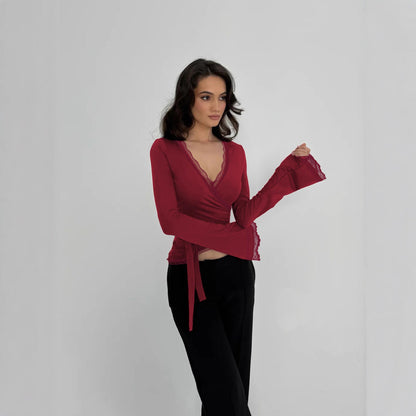 Women's V-Neck Lace Strap Slim Fit T-Shirt