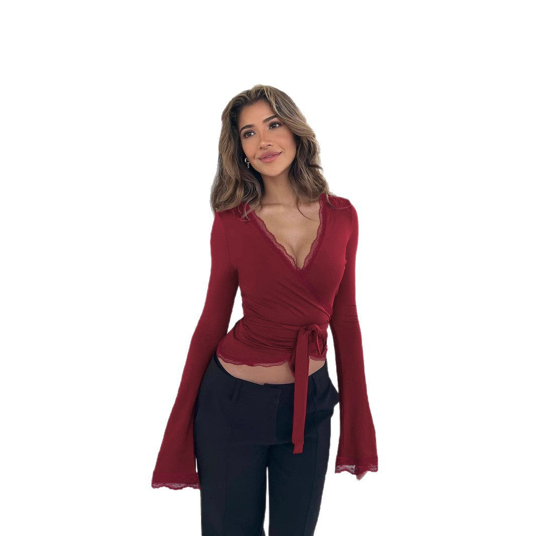 Women's V-Neck Lace Strap Slim Fit T-Shirt