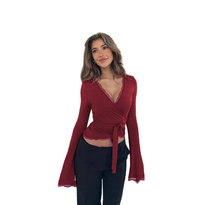 Women's V-Neck Lace Strap Slim Fit T-Shirt